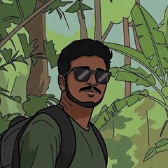 Harish Senthilkumar, drawn: sunglasses, a green T-shirt and a backpack, in front of leafy trees.